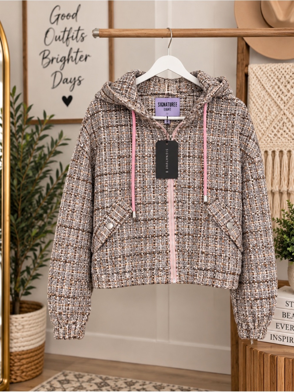 Signature Eight Cropped Tweed Hooded Jacket with Pink Accents